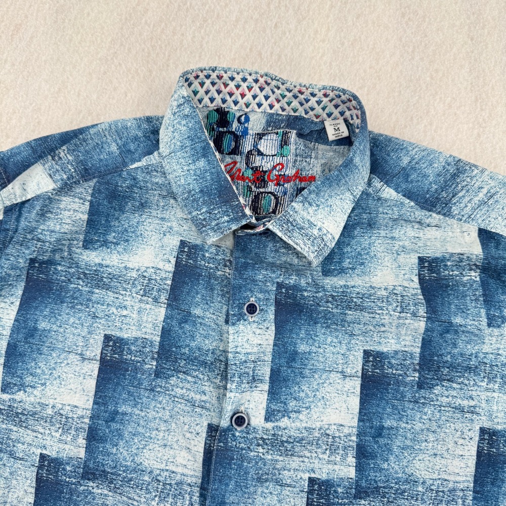 Robert Graham Mens M Short Sleeve Button Down Blue/White Abstract Print Casual